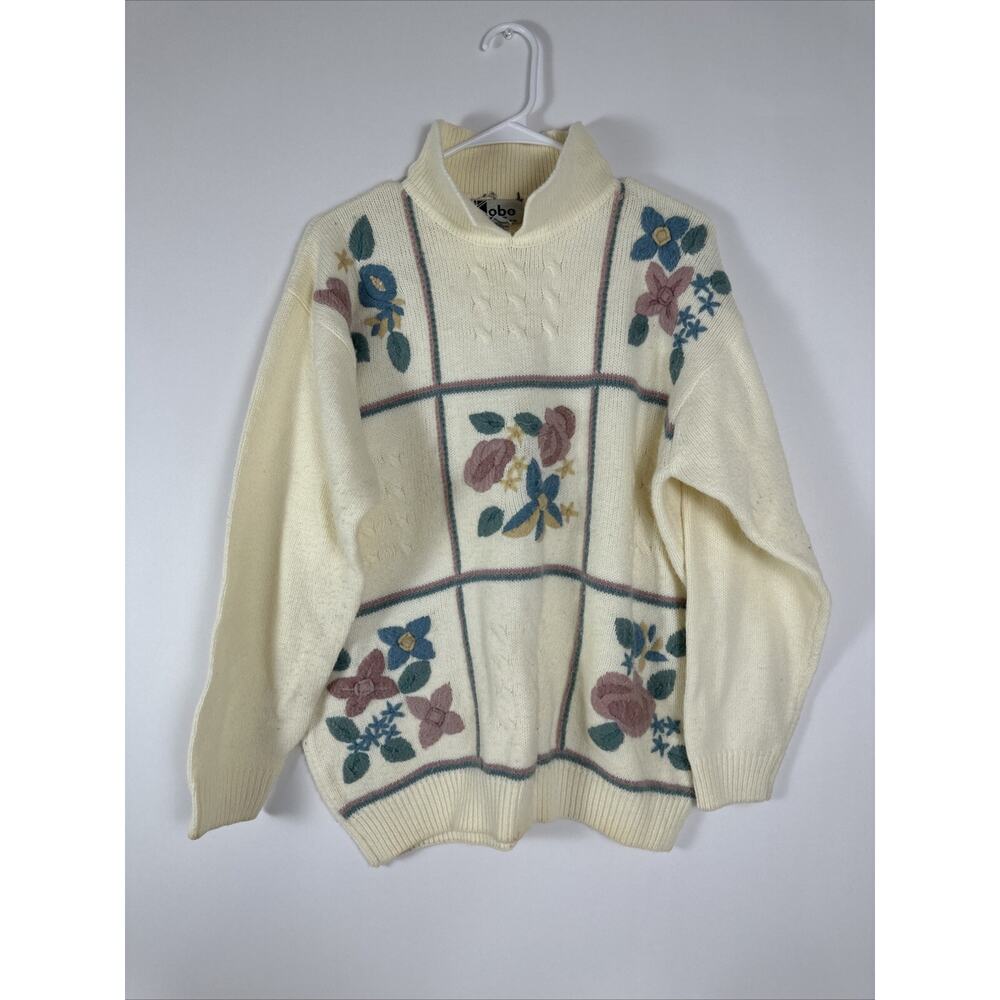 Vintage Kobe Sweater Pastel Floral Embroidery size L Grandmacore Cottagecore